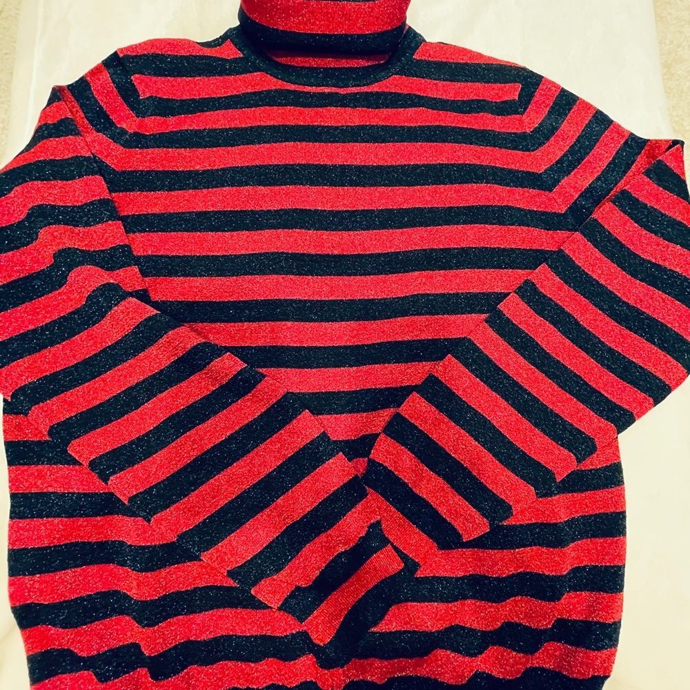 New J crew Turtleneck sweater in sparkle stripe Pink/ navy Extra Large XL - Picture 4 of 8